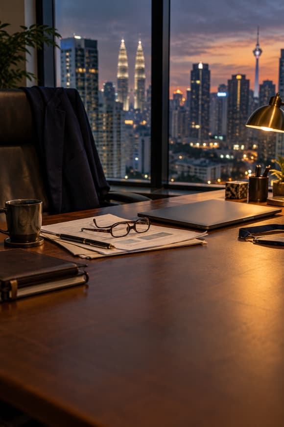An evening desk with reading glasses on a printed report, the Kuala Lumpur skyline behind
