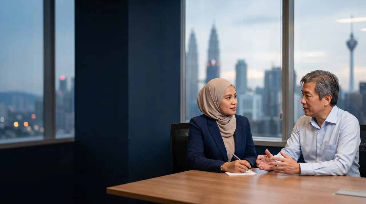 Two hiring leaders in discussion in a meeting room overlooking Kuala Lumpur