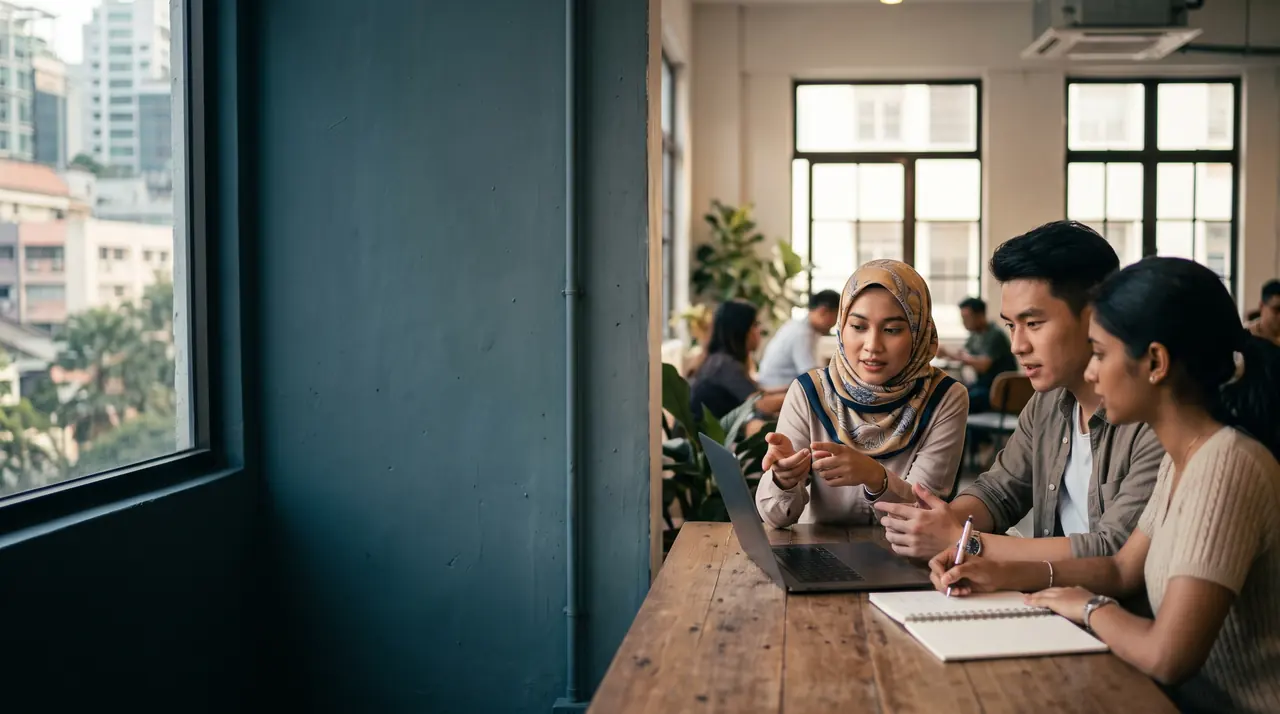 Young graduates preparing together with a laptop in a café