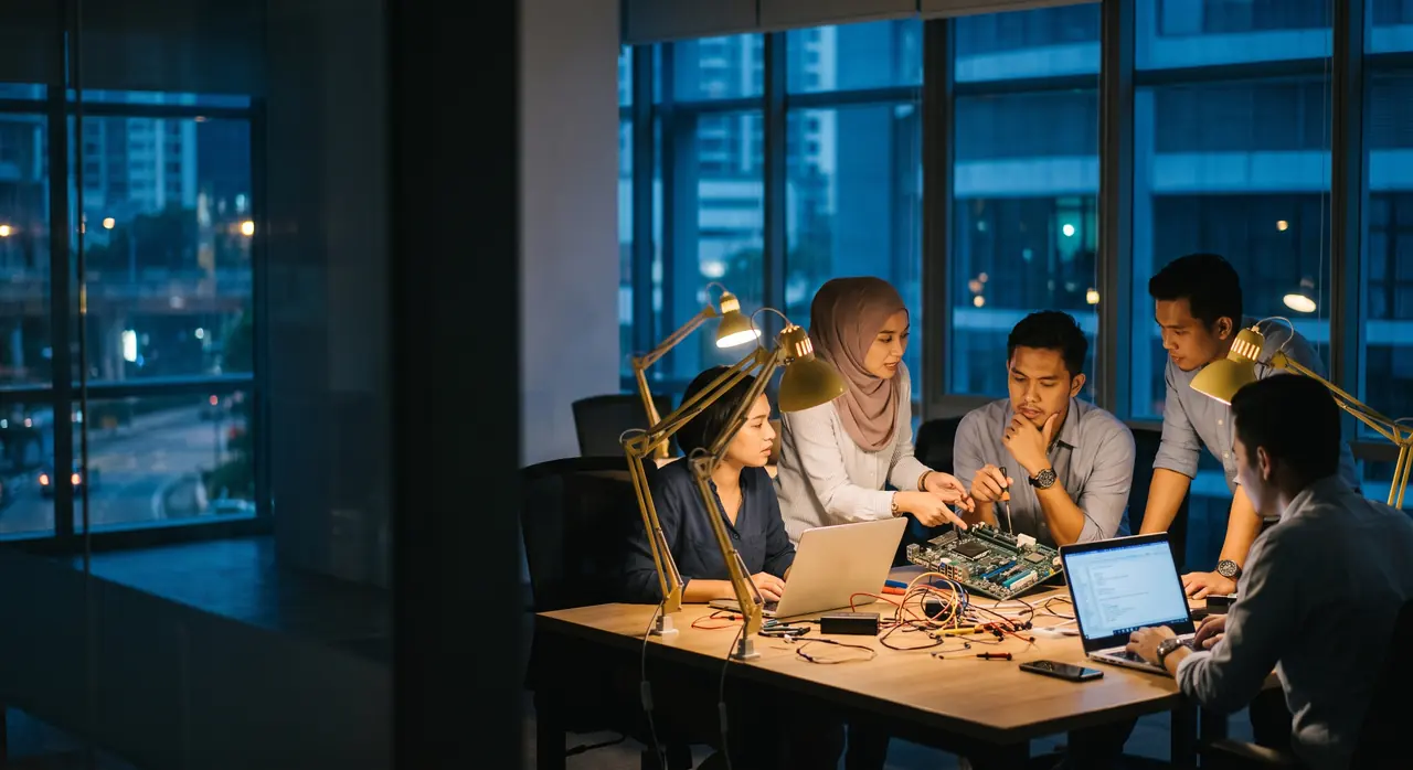 Engineers discussing a circuit board and code at an evening meetup