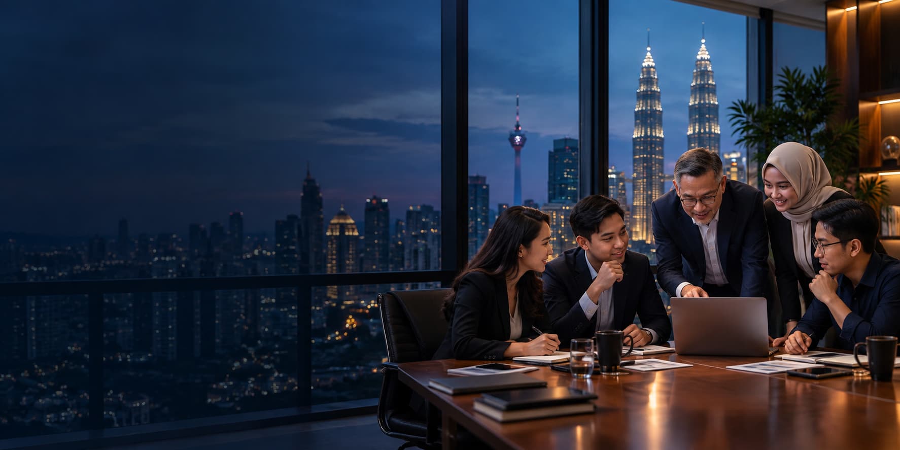 Employers and young graduates in conversation in a meeting room overlooking Kuala Lumpur at dusk