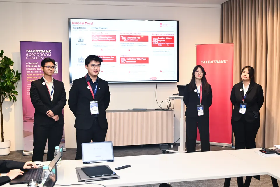Four students in business attire standing to present a business model slide to a panel