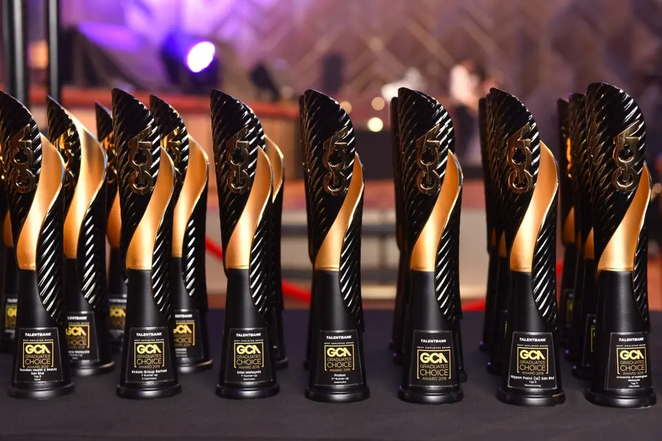 Graduates' Choice Award trophies lined up in 2019