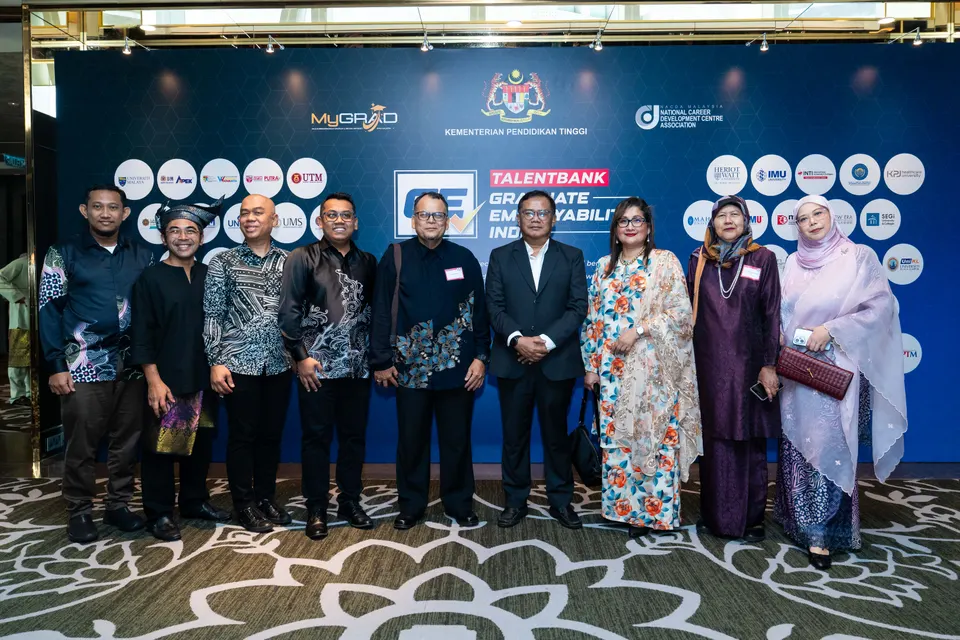 Guests standing in a line in front of the Graduate Employability Index wall at a Talentbank awards event