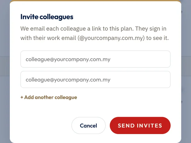 The planner's Invite colleagues box, with fields for colleagues' work emails