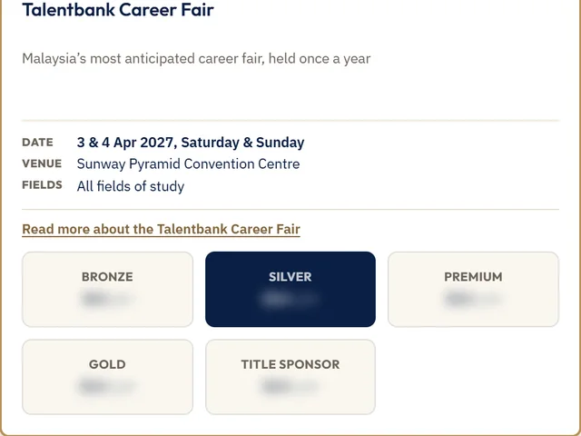 A career fair in the planner with its packages, Bronze, Silver, Premium, Gold and Title Sponsor, prices blurred