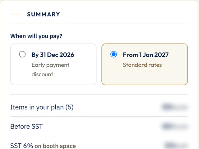 The planner's summary panel with a choice of when to pay and an early payment discount option, totals blurred