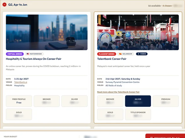 The planner's plan screen: a quarter open with two career fairs, their dates, venues and packages, prices blurred
