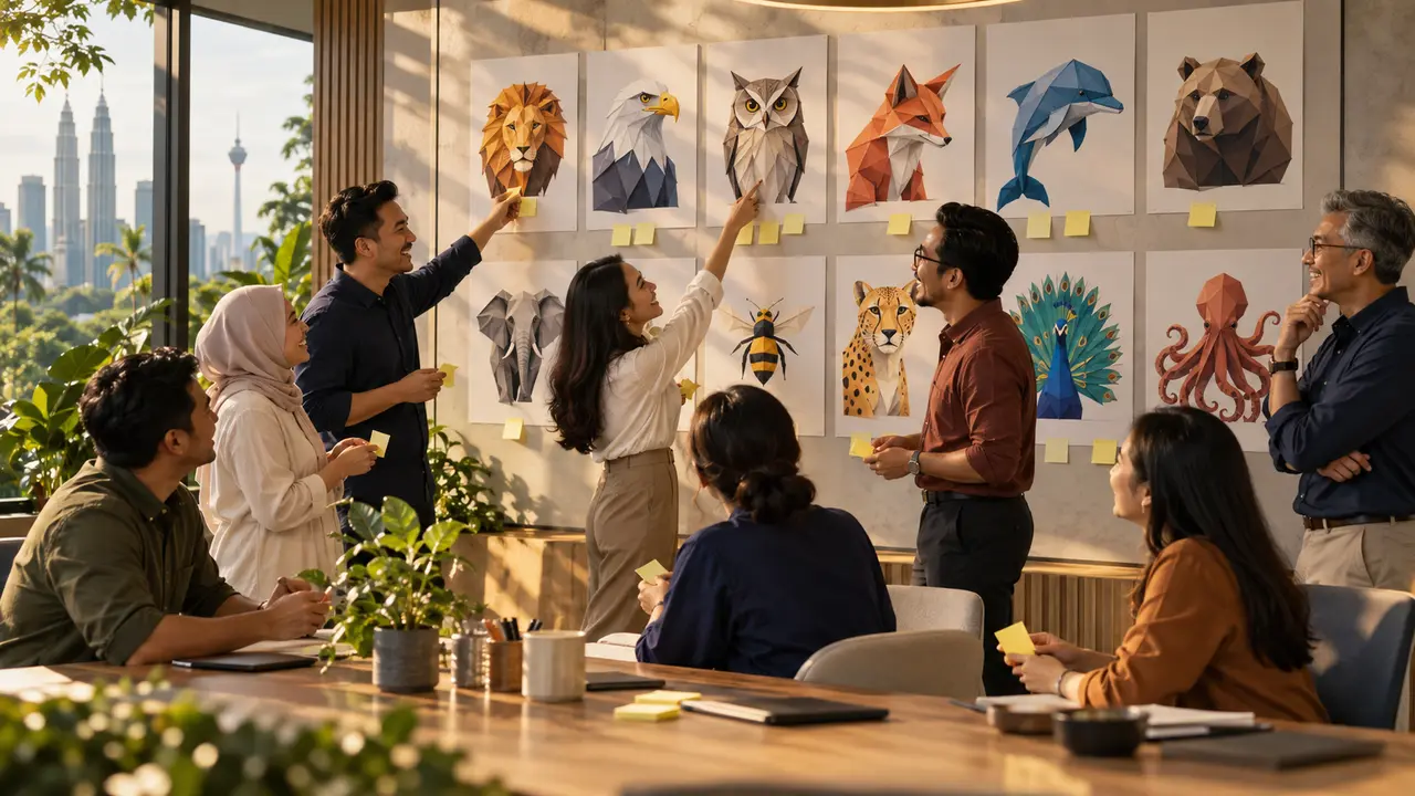 A team placing notes under twelve illustrated work-animal cards on a meeting-room wall