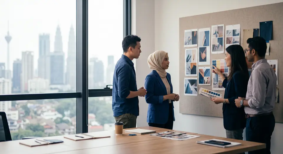 A team planning at a wall of notes, with the Kuala Lumpur towers behind