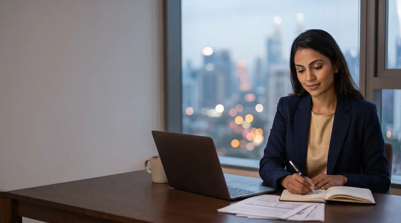 A woman studying at a desk, with the city behind her
