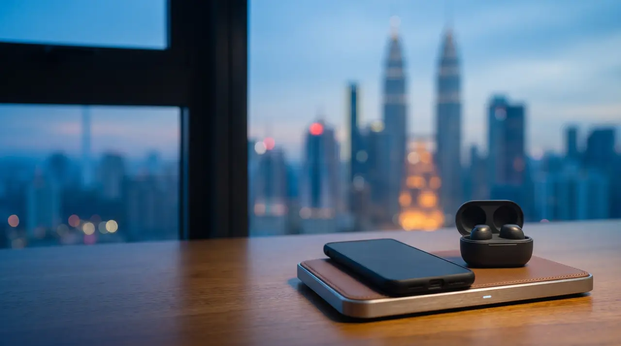 A phone on a desk by a window at dusk