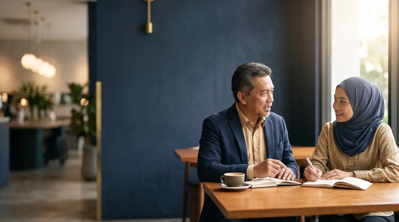A senior mentor talking with a young graduate