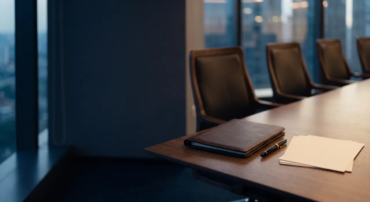 An empty boardroom at dusk