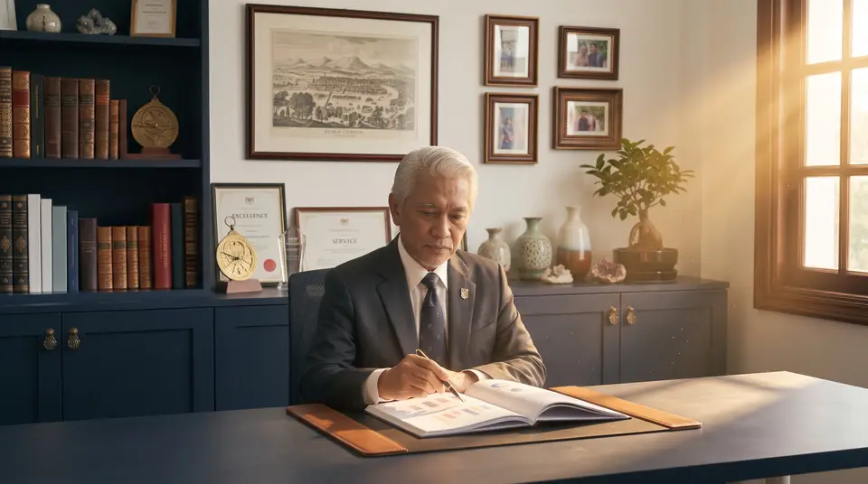 A senior academic at a desk in his study