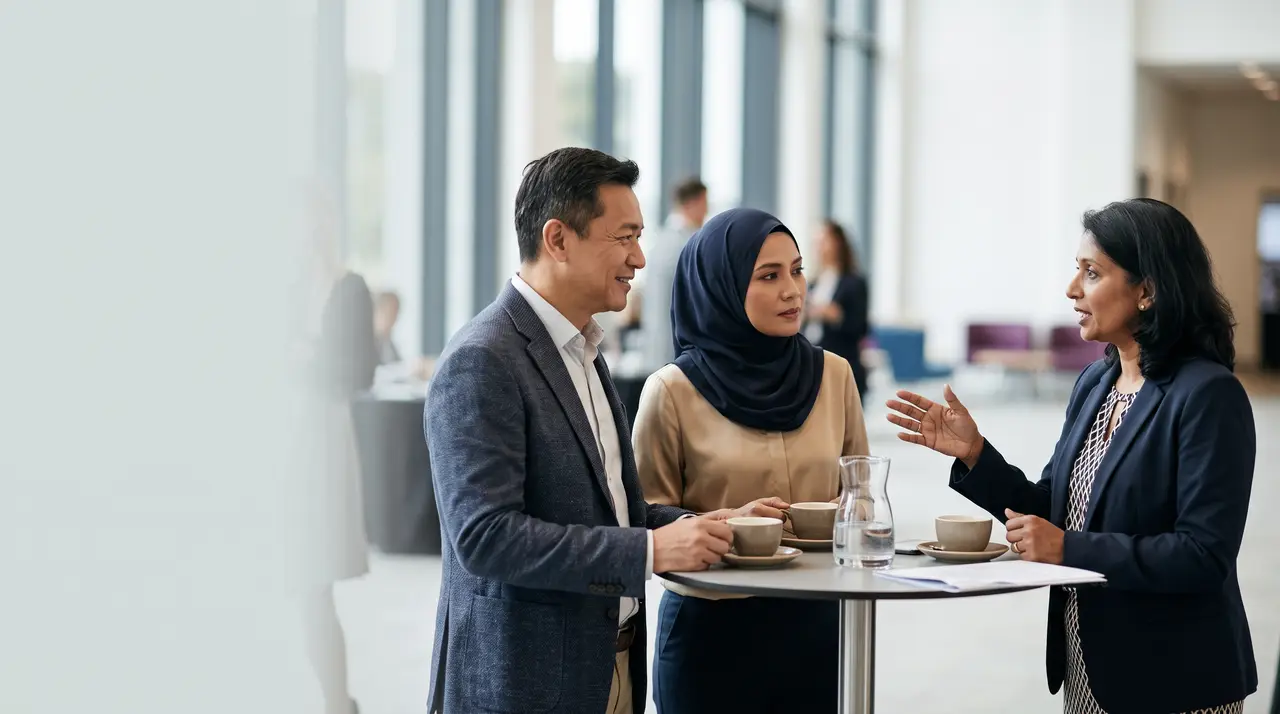 Three professionals talking over coffee