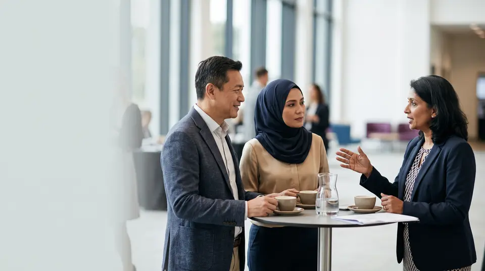 Three professionals talking over coffee