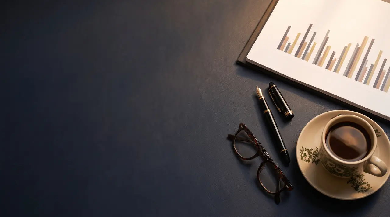 A chart, pen, glasses and coffee on a dark desk