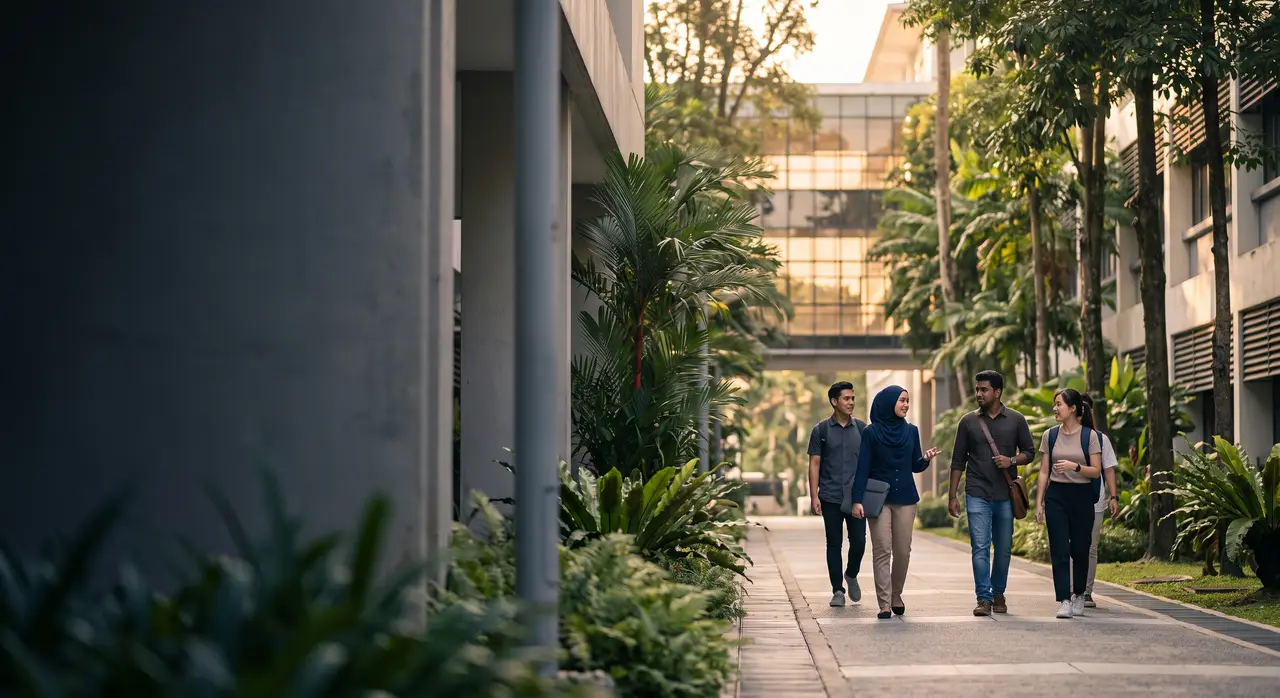 Students on a green campus walkway