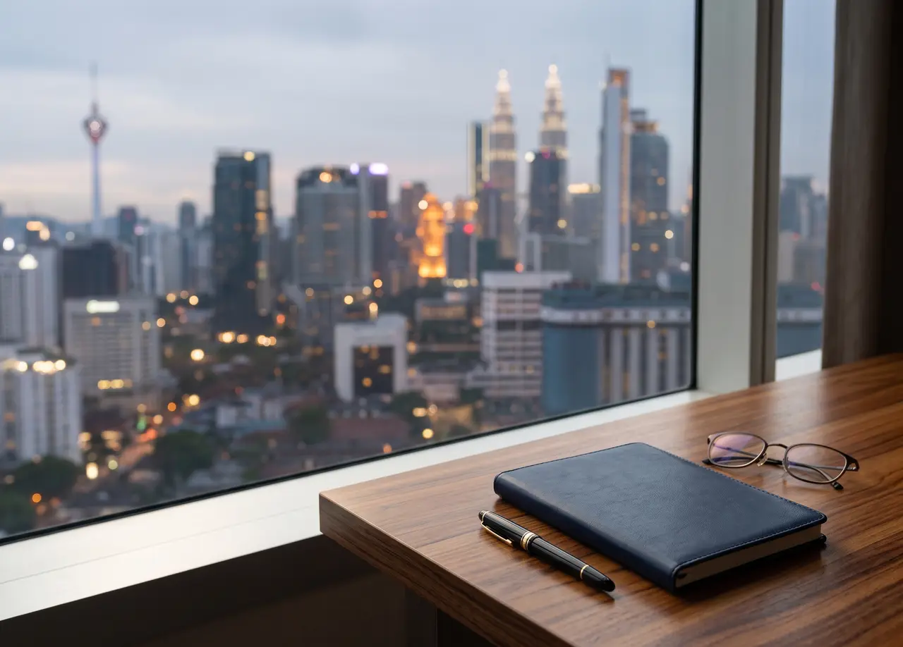 A notebook and reading glasses by a window over Kuala Lumpur at dusk