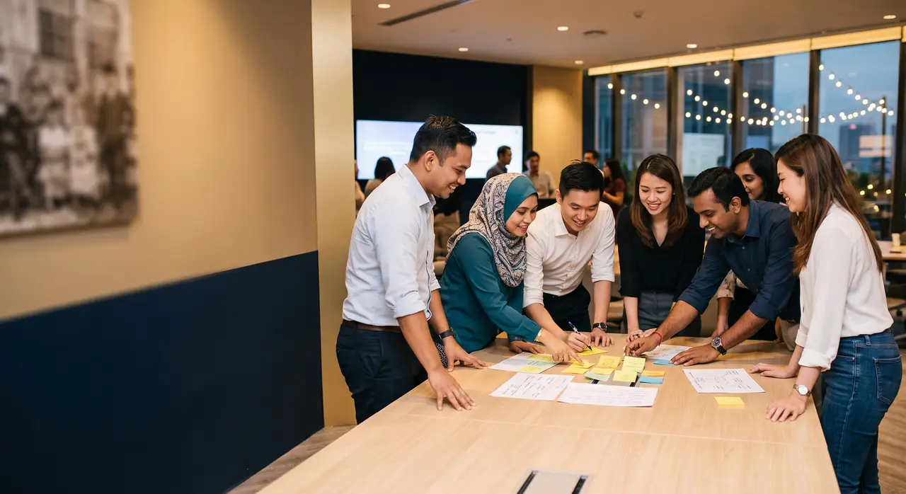 A team working round a table covered in notes
