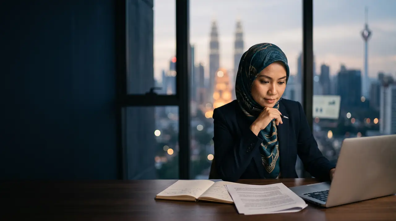 A woman reading at a laptop at dusk