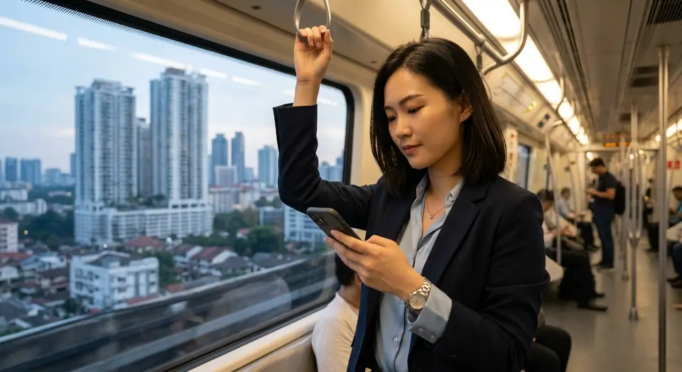 A young professional on the train, checking her phone