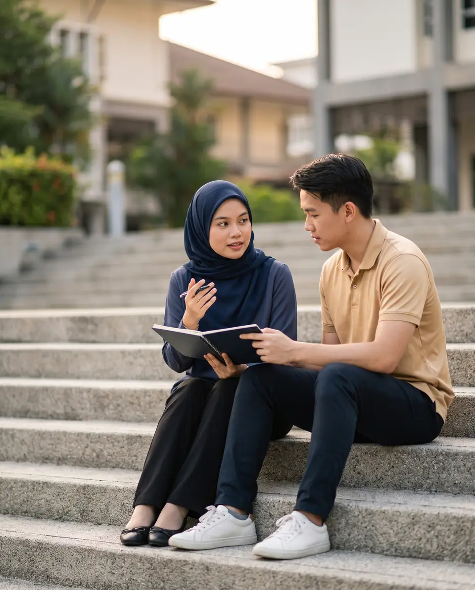 Two students on campus steps, looking at a tablet