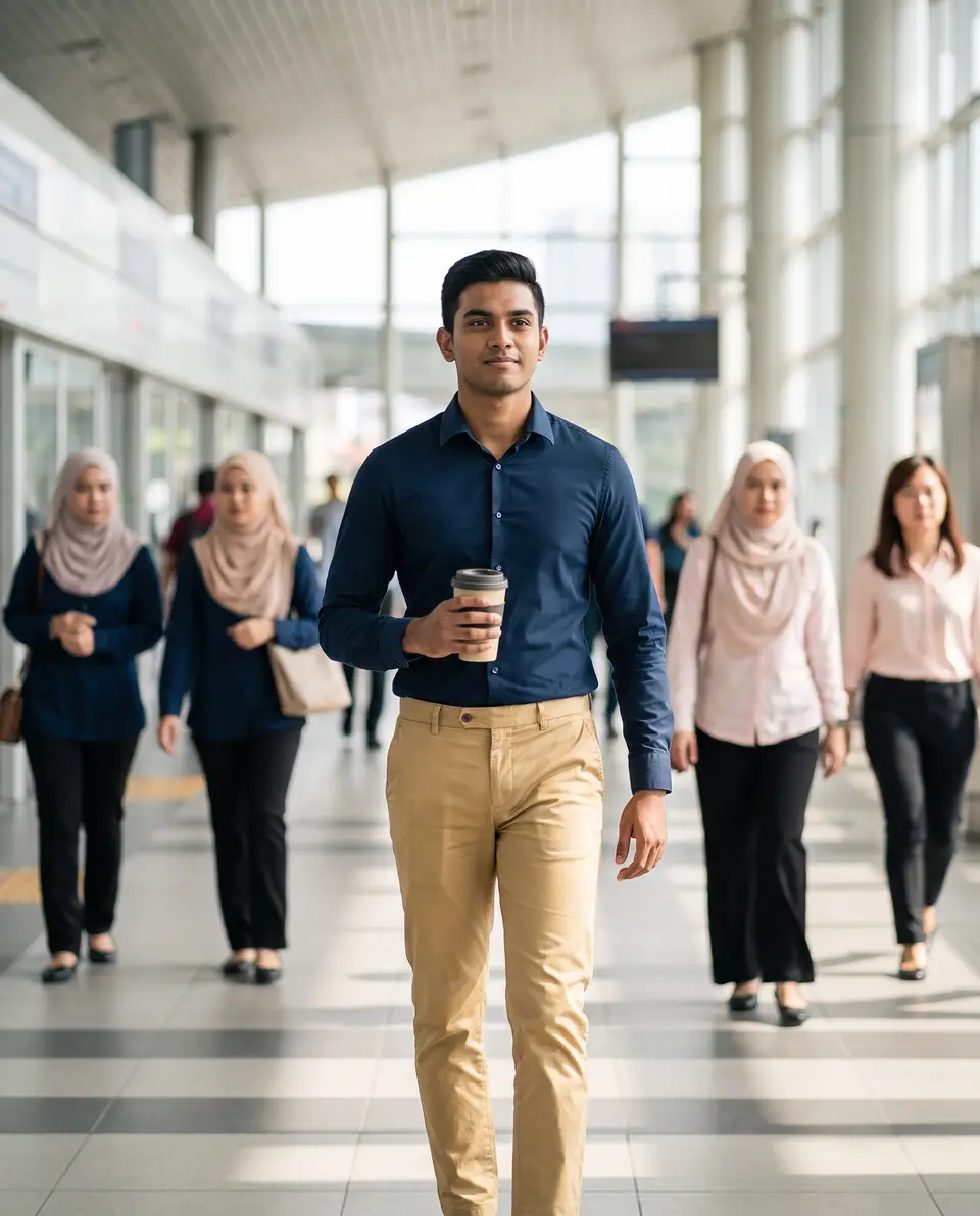 A young professional walking through an office with a coffee