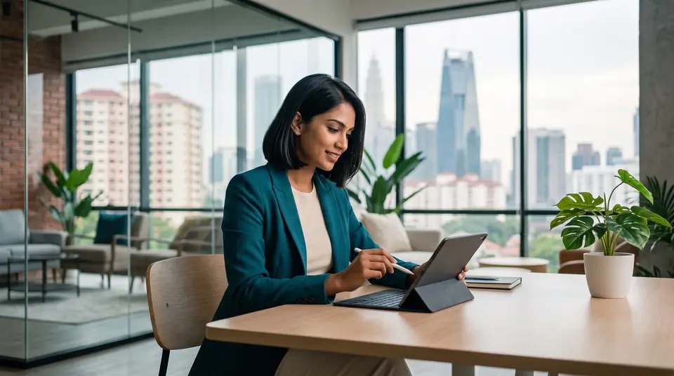 A professional working on a tablet in a bright office