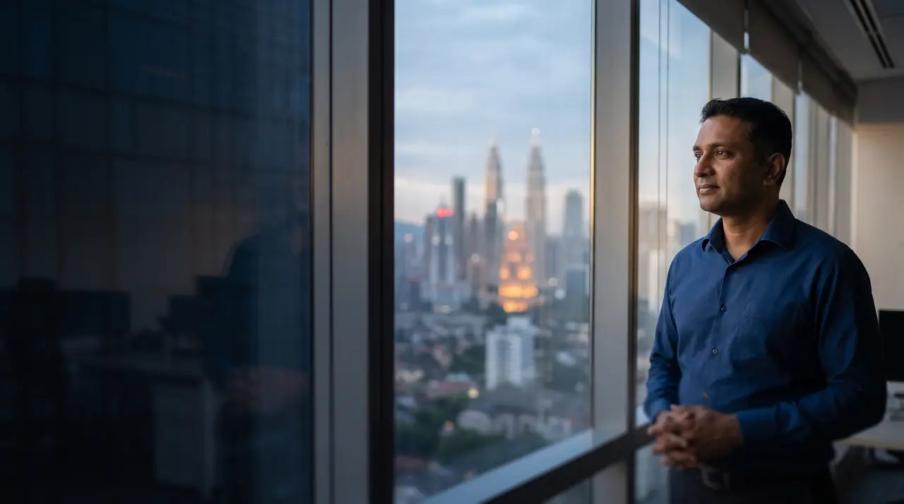 A man at a window over Kuala Lumpur at dusk, thinking