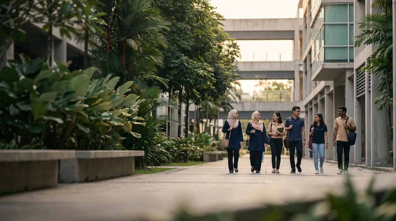 Students walking along a campus path