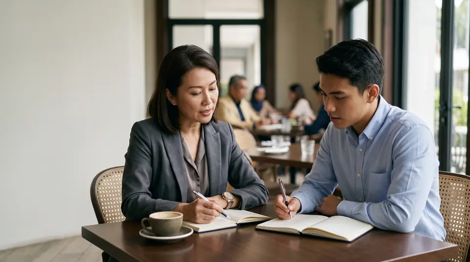A mentor and a graduate talking over coffee