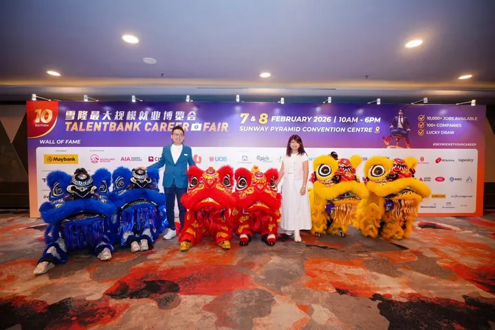 Lion dancers in front of the Talentbank Career Fair 10th edition banner at Sunway Pyramid Convention Centre