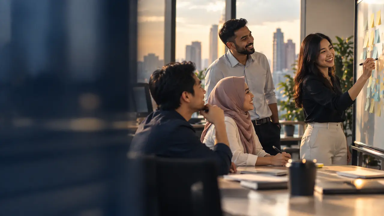 Colleagues talking and laughing together in an office