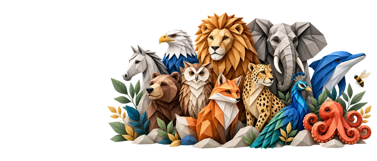 Origami animals: a lion, elephant, eagle, owl, fox, bear, horse, cheetah, peacock, dolphin, octopus and bee