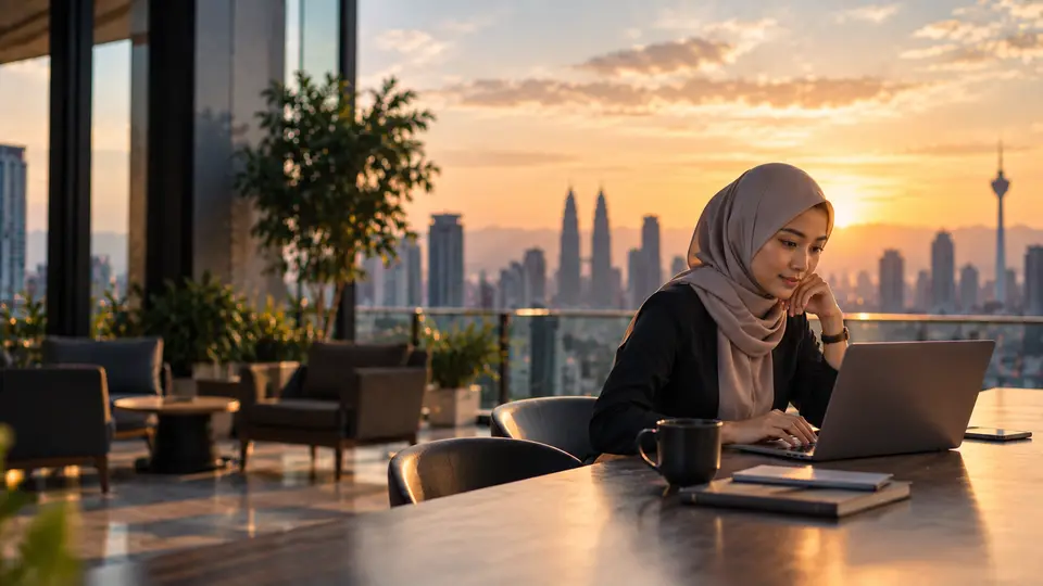 A young woman working at a laptop, the Kuala Lumpur skyline at sunset behind