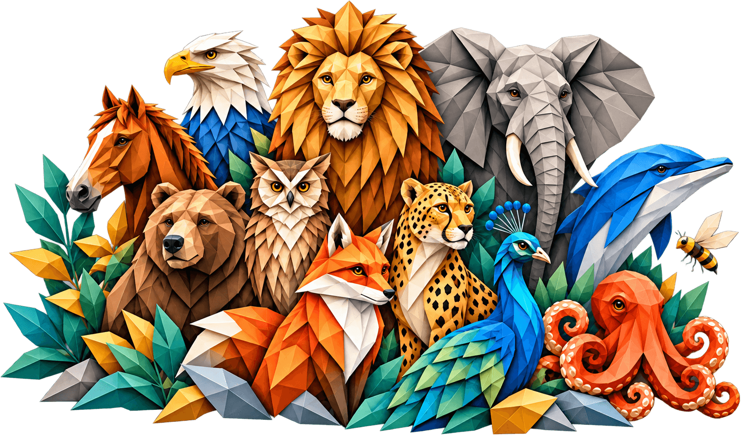 The twelve Menagerie Method work animals together: lion, eagle, owl, fox, dolphin, bear, elephant, horse, bee, cheetah, peacock and octopus